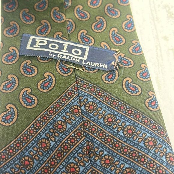 Vintage Polo Ralph Lauren Men's Necktie Paisley Geometric Print Green Blue - Picture 5 of 6